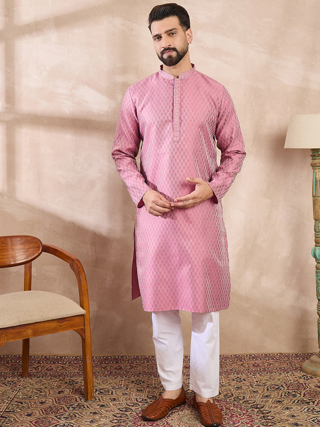 Men Pink Silk Blend Solid Woven Design Straight Kurta With Trouser-MKSET1898