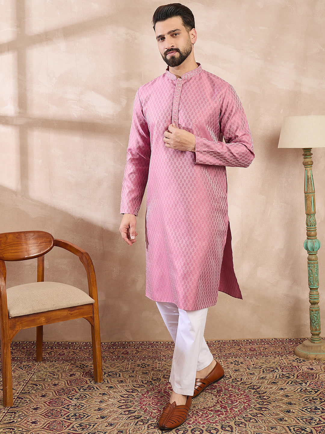 Men Pink Silk Blend Solid Woven Design Straight Kurta With Trouser-MKSET1898