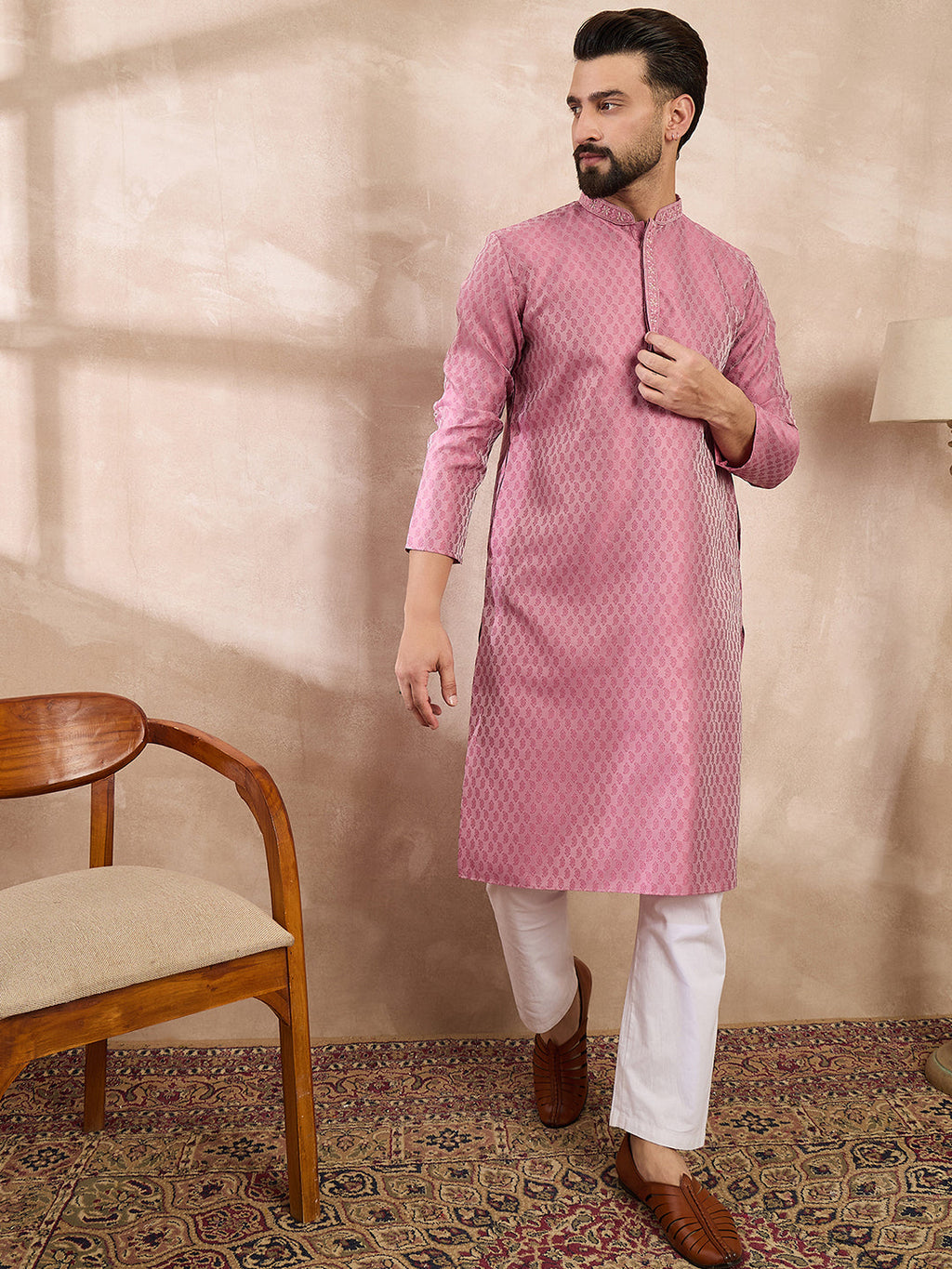 Men Pink Silk Blend Solid Woven Design Straight Kurta With Trouser-MKSET1898