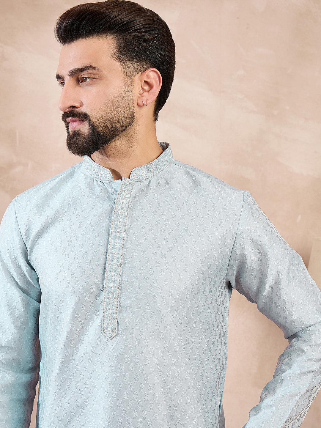 Men Blue Silk Blend Solid Woven Design Straight Kurta With Trouser-MKSET1899