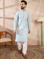 Men Blue Silk Blend Solid Woven Design Straight Kurta With Trouser-MKSET1899