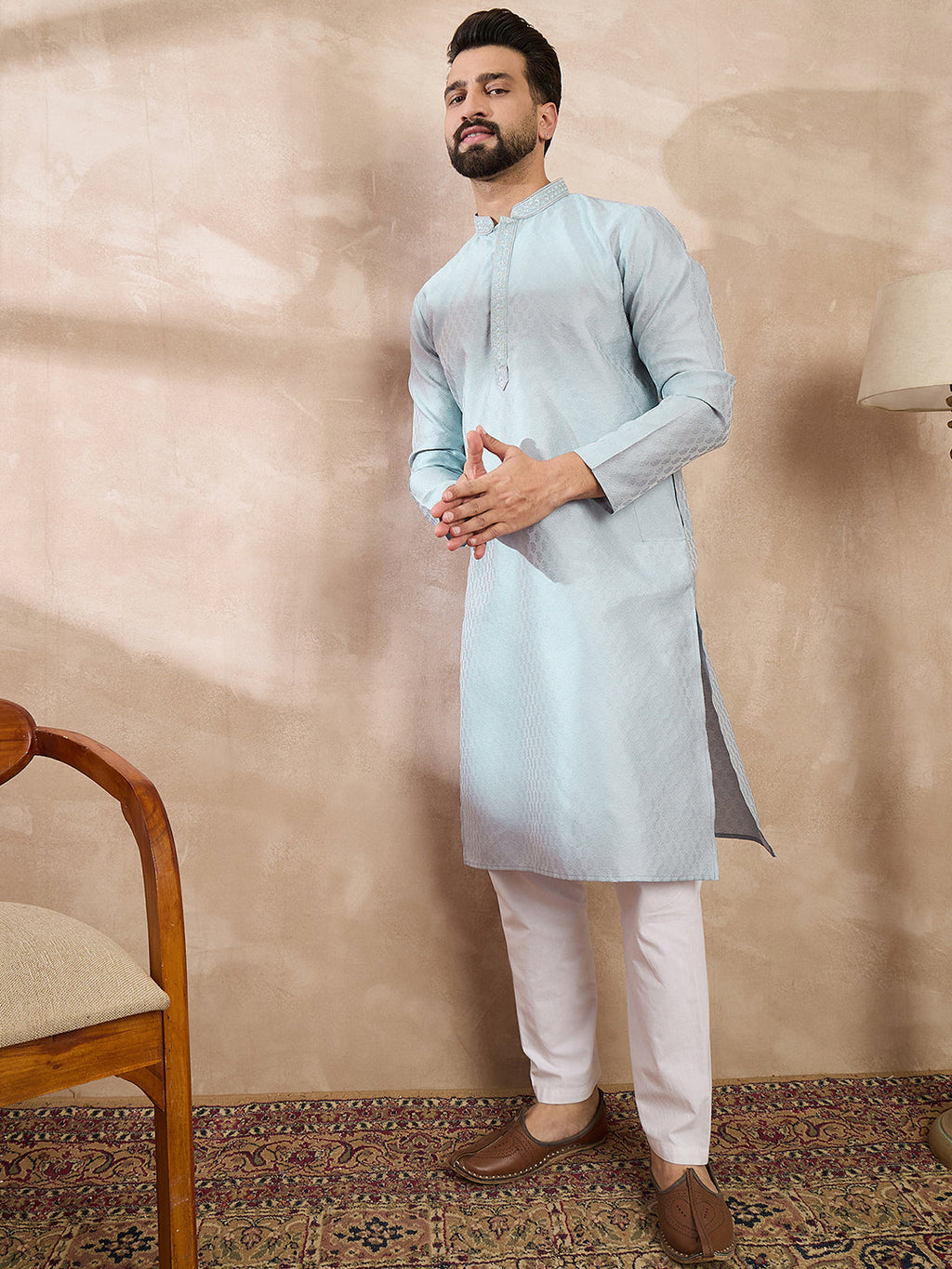 Men Blue Silk Blend Solid Woven Design Straight Kurta With Trouser-MKSET1899