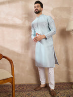 Men Blue Silk Blend Solid Woven Design Straight Kurta With Trouser-MKSET1899