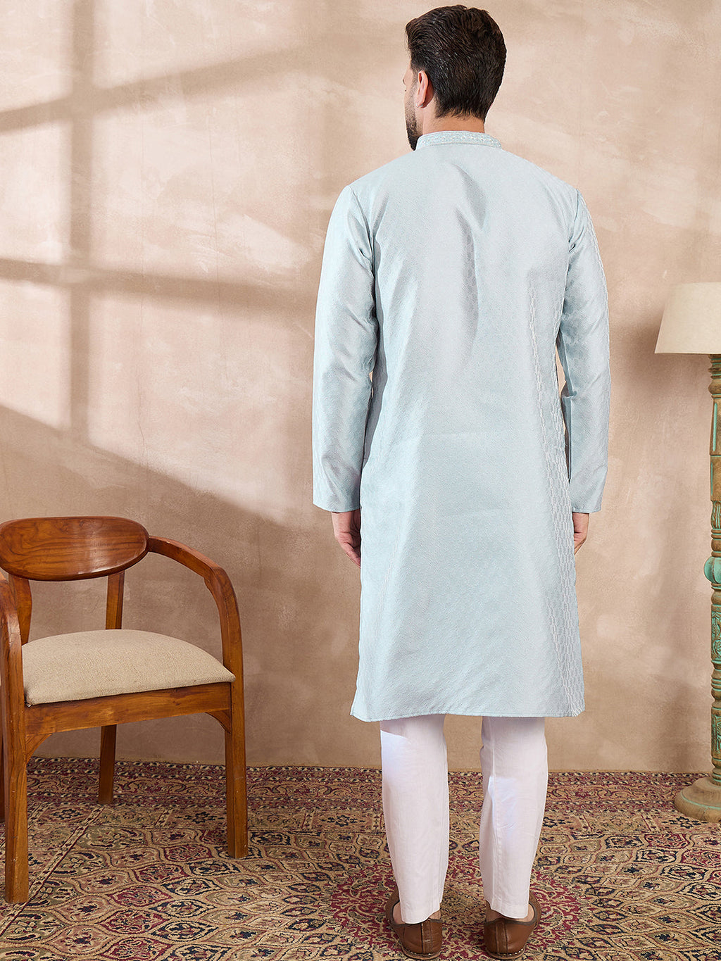 Men Blue Silk Blend Solid Woven Design Straight Kurta With Trouser-MKSET1899
