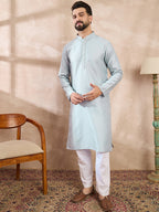 Men Blue Silk Blend Solid Woven Design Straight Kurta With Trouser-MKSET1899