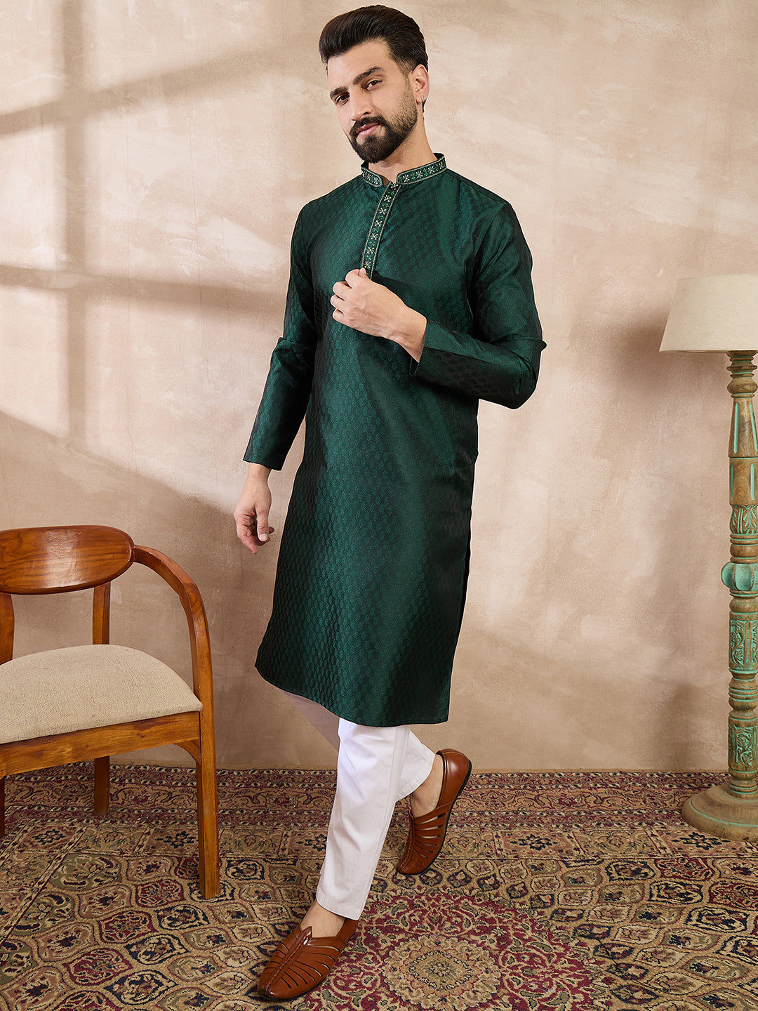 Men Green Silk Blend Solid Woven Design Straight Kurta With Trouser-MKSET1900