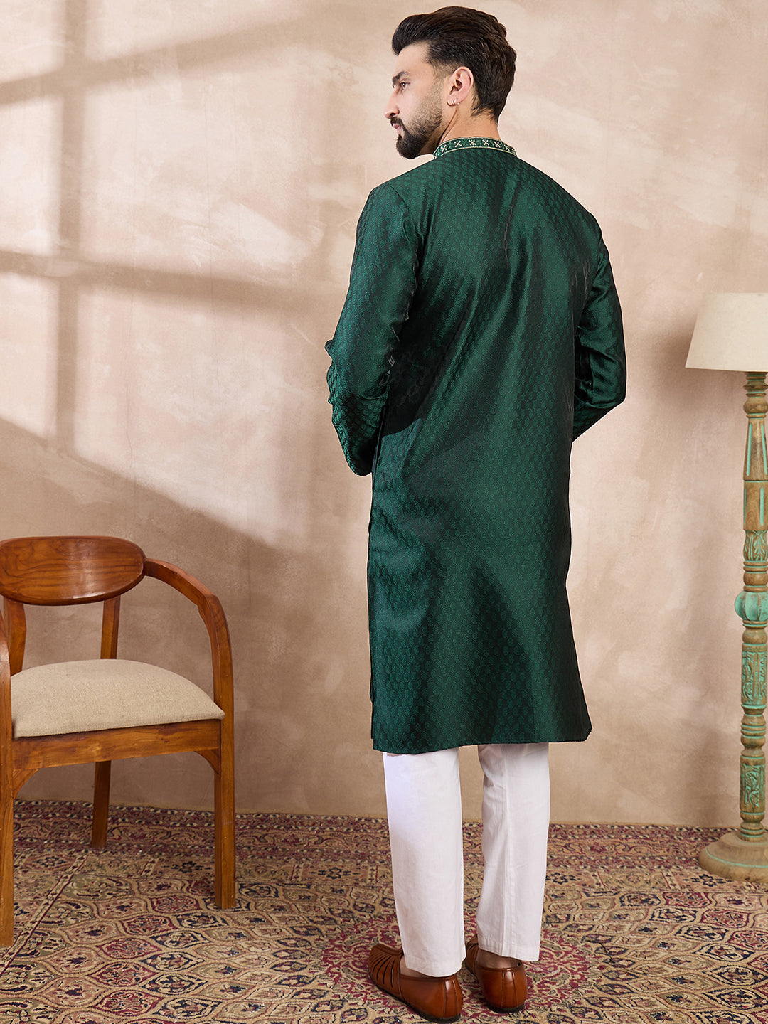 Men Green Silk Blend Solid Woven Design Straight Kurta With Trouser-MKSET1900
