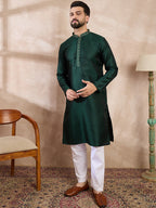 Men Green Silk Blend Solid Woven Design Straight Kurta With Trouser-MKSET1900