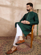 Men Green Silk Blend Solid Woven Design Straight Kurta With Trouser-MKSET1900