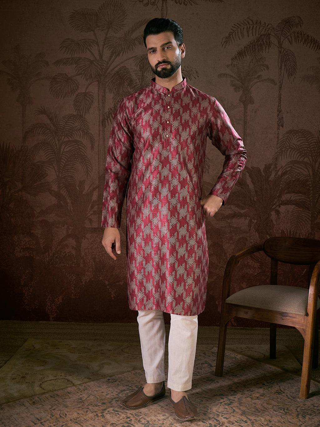 Men Maroon Silk Blend Chevron Printed Straight Kurta With Trouser-MKSET1904
