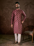 Men Maroon Silk Blend Chevron Printed Straight Kurta With Trouser-MKSET1904