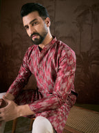 Men Maroon Silk Blend Chevron Printed Straight Kurta With Trouser-MKSET1904