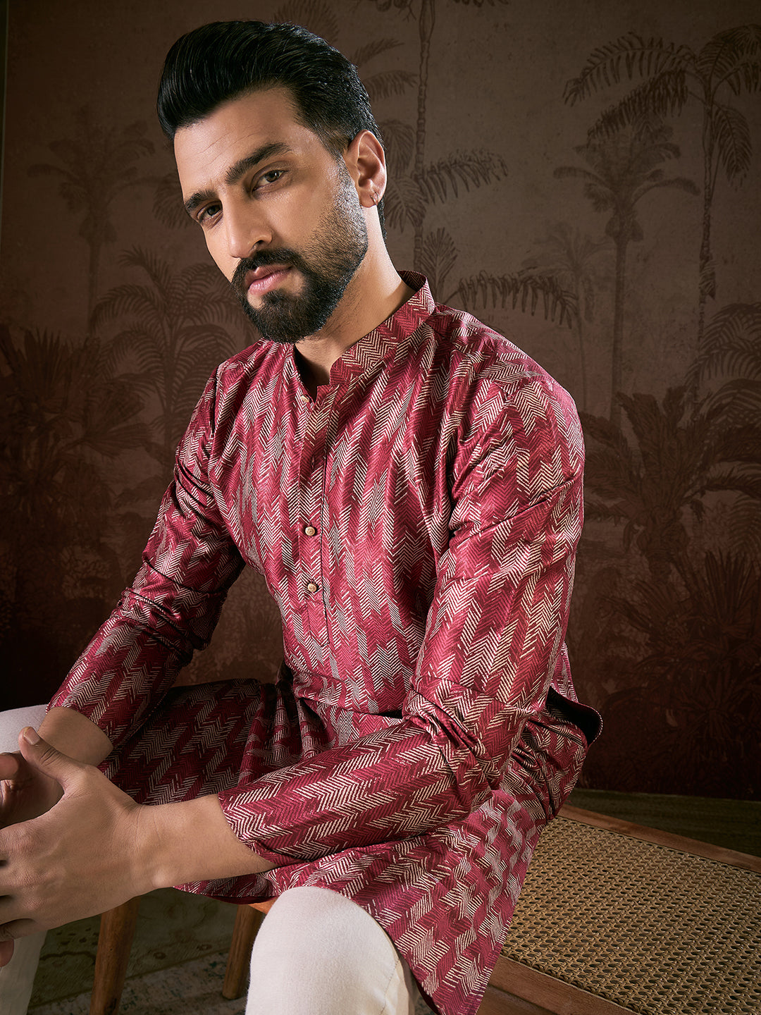 Men Maroon Silk Blend Chevron Printed Straight Kurta With Trouser-MKSET1904