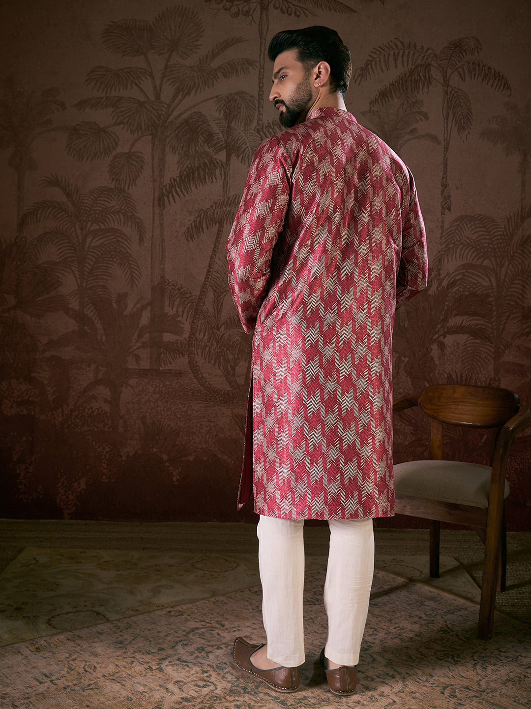 Men Maroon Silk Blend Chevron Printed Straight Kurta With Trouser-MKSET1904