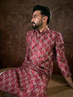 Men Maroon Silk Blend Chevron Printed Straight Kurta With Trouser-MKSET1904
