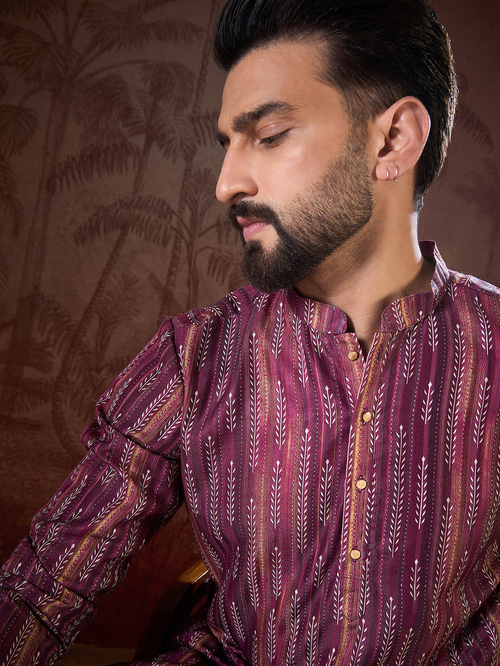 Men Purple Silk Blend Striped Printed Straight Kurta With Trouser-MKSET1905