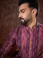 Men Purple Silk Blend Striped Printed Straight Kurta With Trouser-MKSET1905