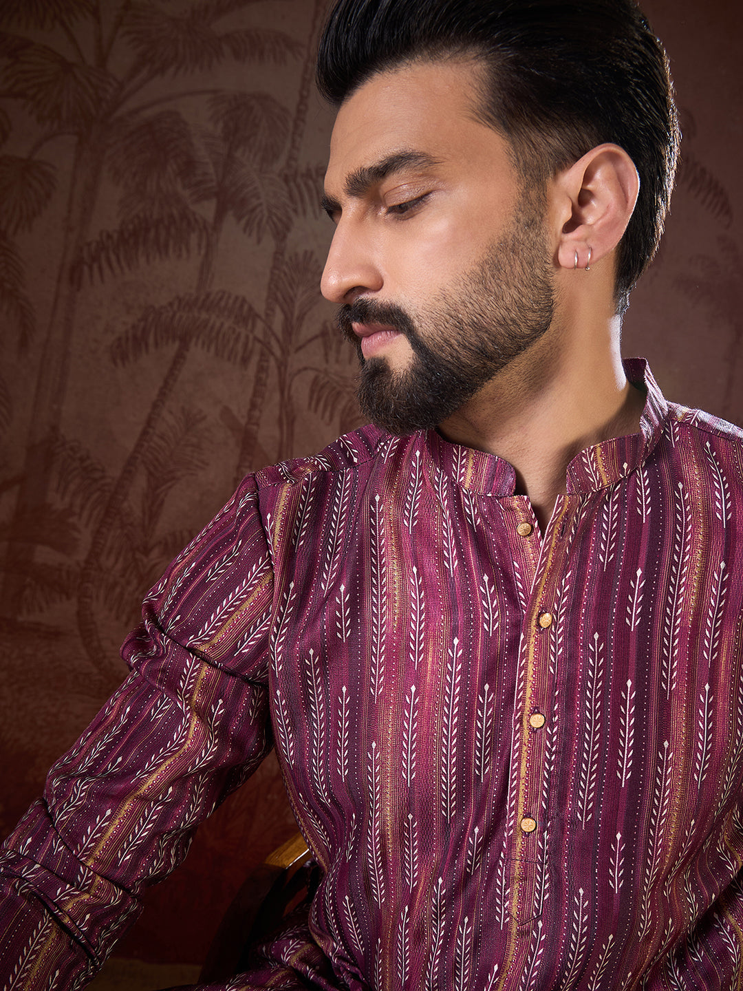 Men Purple Silk Blend Striped Printed Straight Kurta With Trouser-MKSET1905