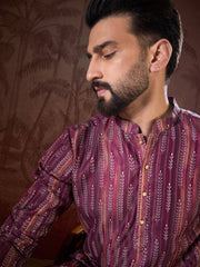 Men Purple Silk Blend Striped Printed Straight Kurta With Trouser-MKSET1905