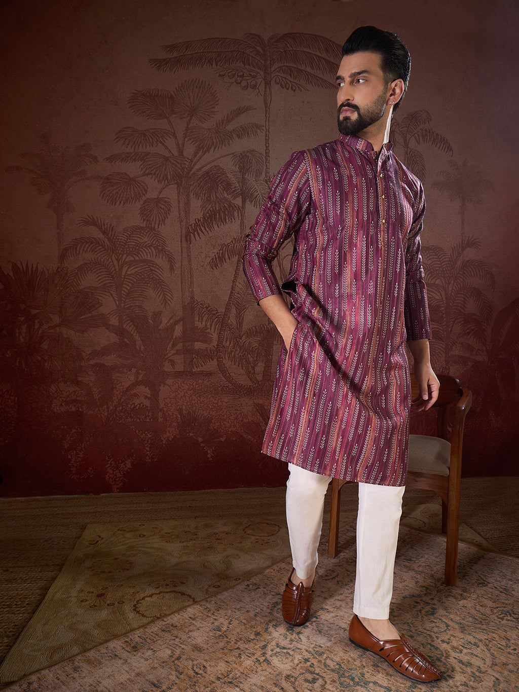 Men Purple Silk Blend Striped Printed Straight Kurta With Trouser-MKSET1905