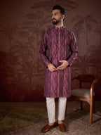 Men Purple Silk Blend Striped Printed Straight Kurta With Trouser-MKSET1905