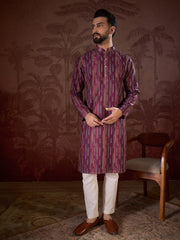 Men Purple Silk Blend Striped Printed Straight Kurta With Trouser-MKSET1905
