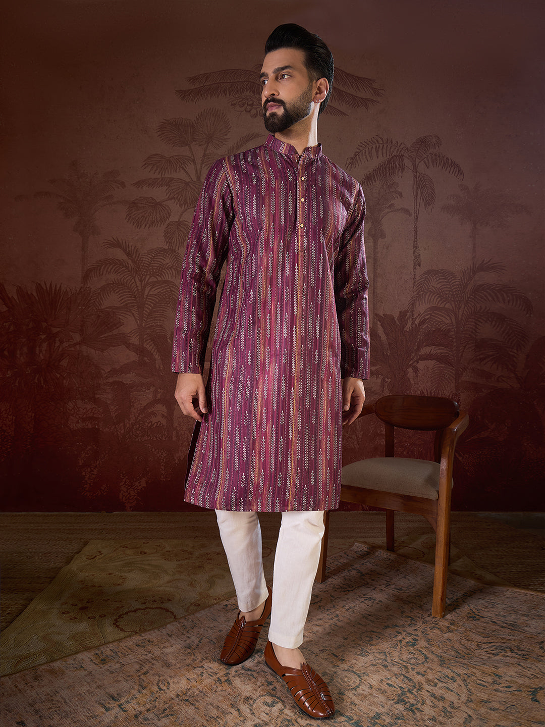 Men Purple Silk Blend Striped Printed Straight Kurta With Trouser-MKSET1905