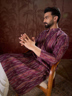 Men Purple Silk Blend Striped Printed Straight Kurta With Trouser-MKSET1905