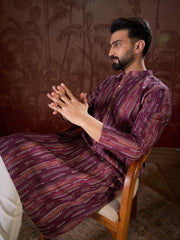 Men Purple Silk Blend Striped Printed Straight Kurta With Trouser-MKSET1905