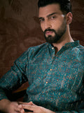 Men Blue Silk Blend Ethnic Motifs Printed Straight Kurta With Trouser-MKSET1906
