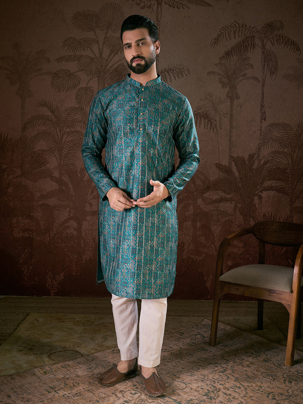 Men Blue Silk Blend Ethnic Motifs Printed Straight Kurta With Trouser-MKSET1906