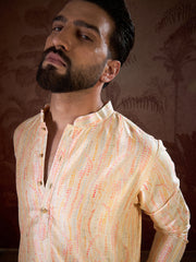 Men Cream Silk Blend Abstract Printed Straight Kurta With Trouser-MKSET1907