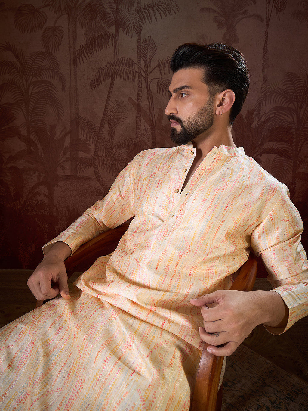 Men Cream Silk Blend Abstract Printed Straight Kurta With Trouser-MKSET1907