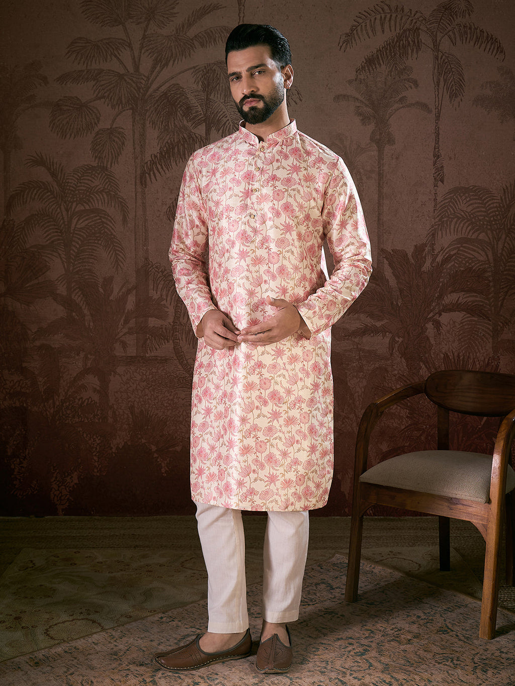 Men Off White Silk Blend Floral Printed Straight Kurta With Trouser-MKSET1908