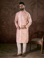 Men Off White Silk Blend Floral Printed Straight Kurta With Trouser-MKSET1908