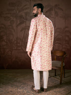 Men Off White Silk Blend Floral Printed Straight Kurta With Trouser-MKSET1908