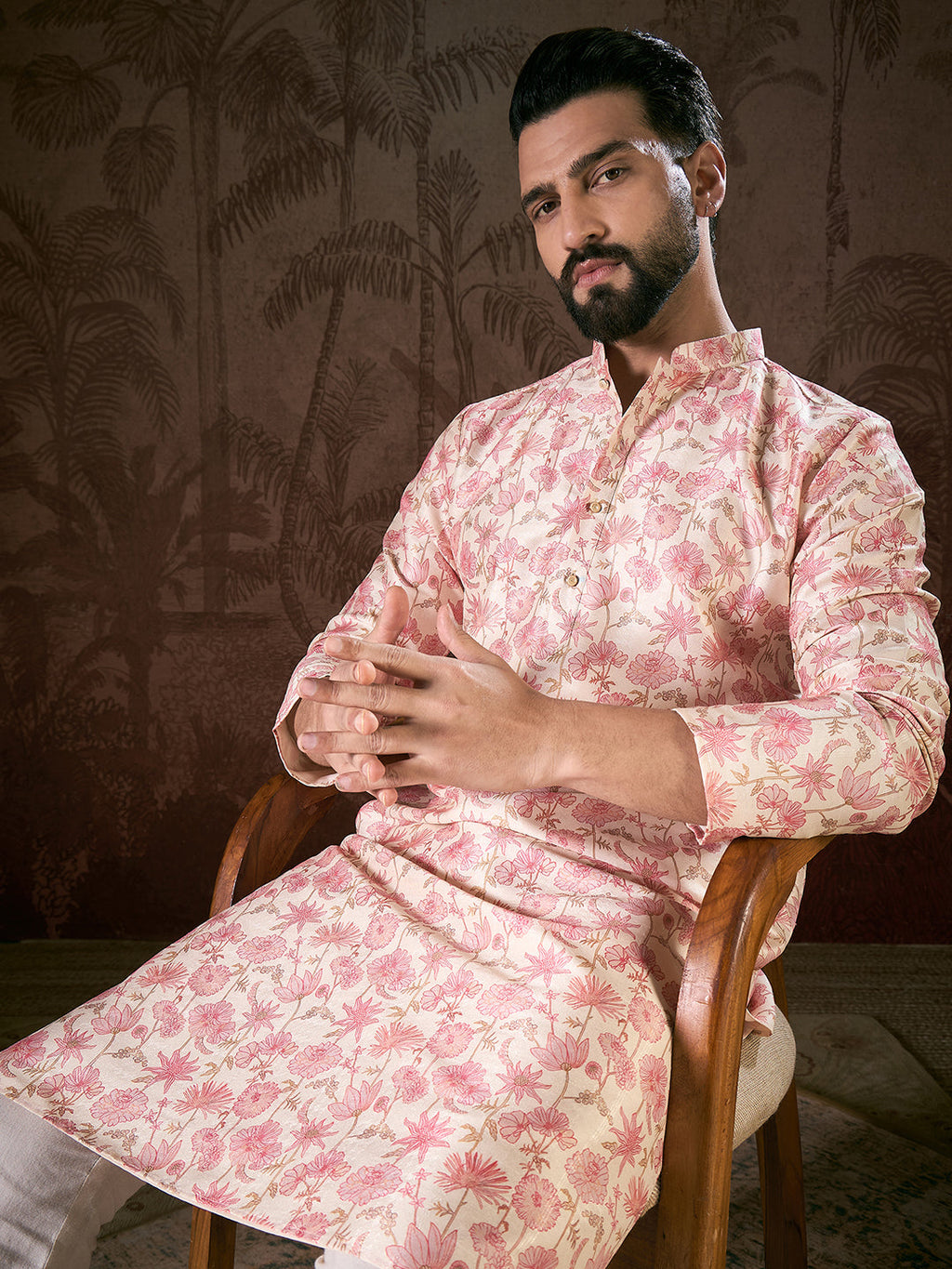 Men Off White Silk Blend Floral Printed Straight Kurta With Trouser-MKSET1908