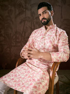 Men Off White Silk Blend Floral Printed Straight Kurta With Trouser-MKSET1908