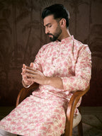 Men Off White Silk Blend Floral Printed Straight Kurta With Trouser-MKSET1908