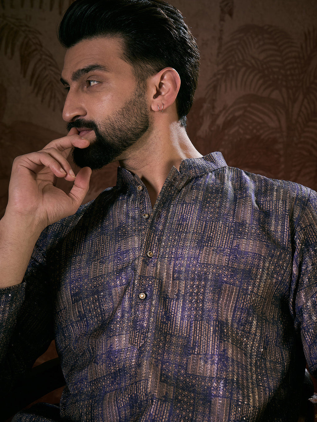 Men Violet Silk Blend Abstract Printed Straight Kurta With Trouser-MKSET1909