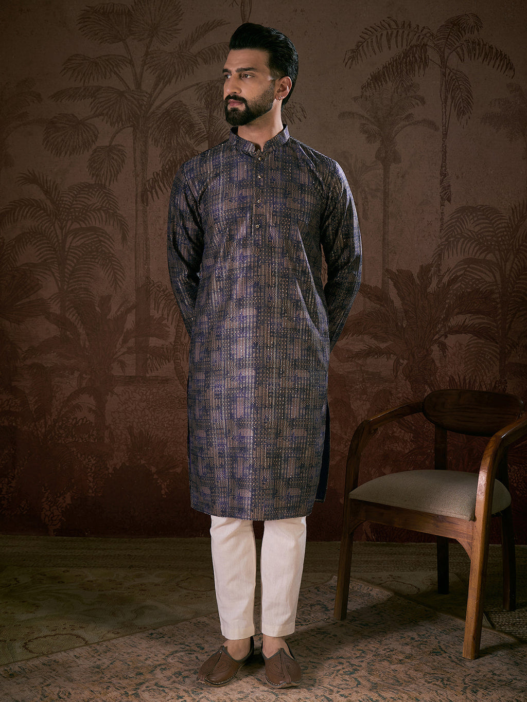Men Violet Silk Blend Abstract Printed Straight Kurta With Trouser-MKSET1909