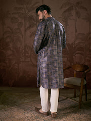 Men Violet Silk Blend Abstract Printed Straight Kurta With Trouser-MKSET1909