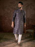 Men Violet Silk Blend Abstract Printed Straight Kurta With Trouser-MKSET1909
