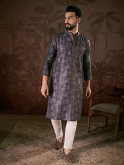 Men Violet Silk Blend Abstract Printed Straight Kurta With Trouser-MKSET1909