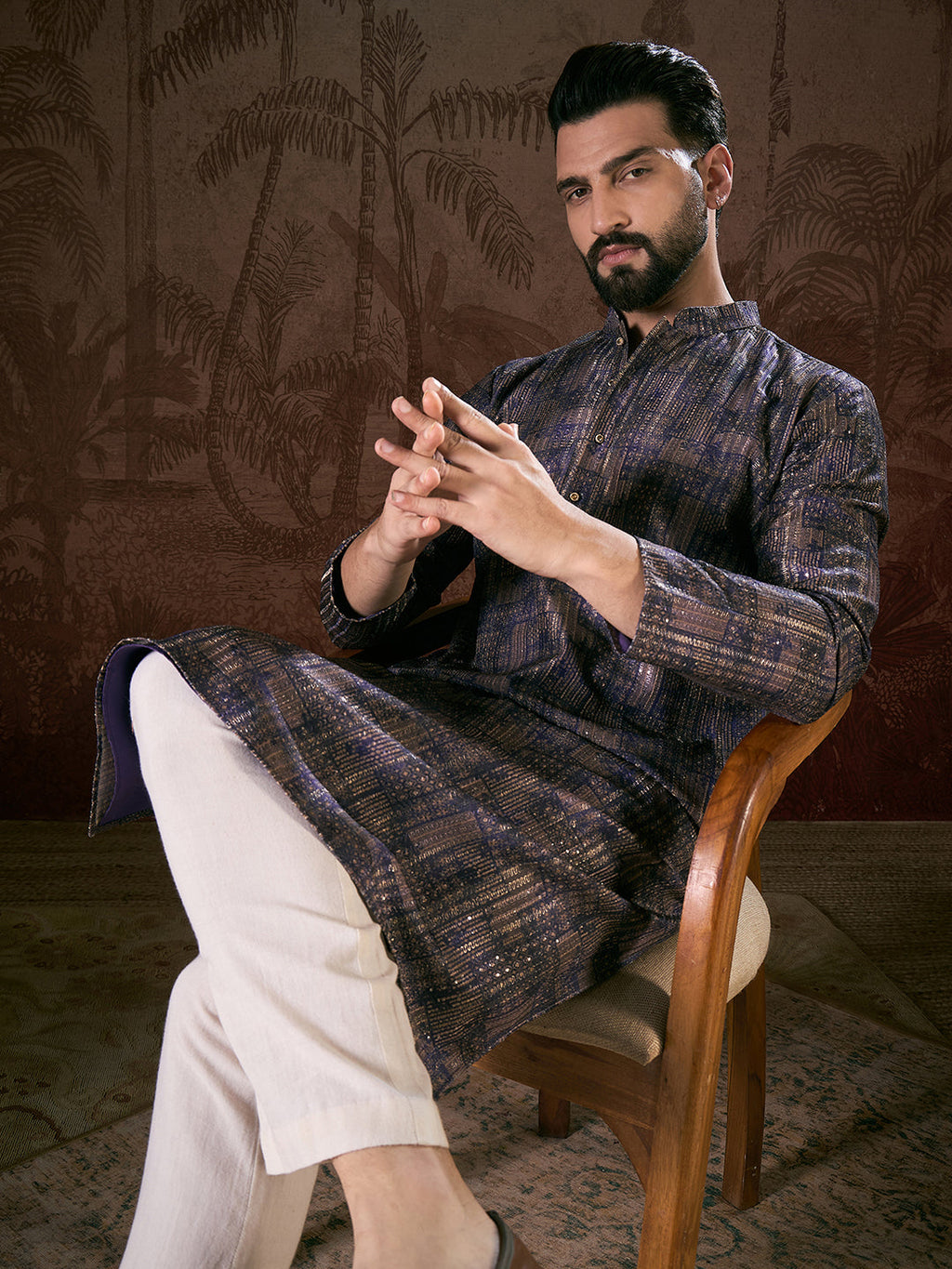 Men Violet Silk Blend Abstract Printed Straight Kurta With Trouser-MKSET1909