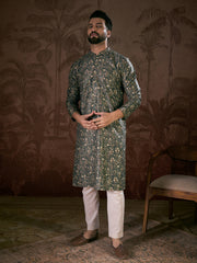 Men Olive Silk Blend Floral Printed Straight Kurta With Trouser-MKSET1911