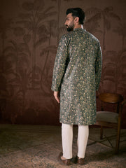Men Olive Silk Blend Floral Printed Straight Kurta With Trouser-MKSET1911