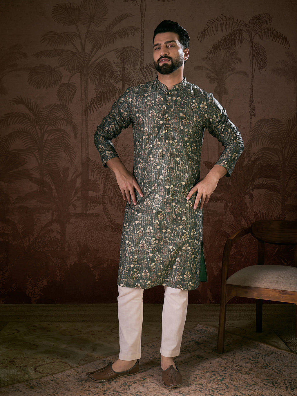Men Olive Silk Blend Floral Printed Straight Kurta With Trouser-MKSET1911