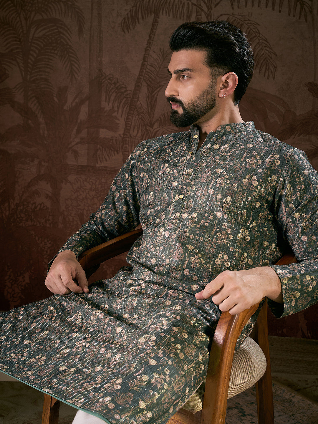 Men Olive Silk Blend Floral Printed Straight Kurta With Trouser-MKSET1911