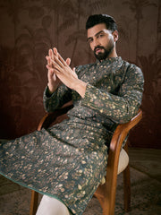 Men Olive Silk Blend Floral Printed Straight Kurta With Trouser-MKSET1911